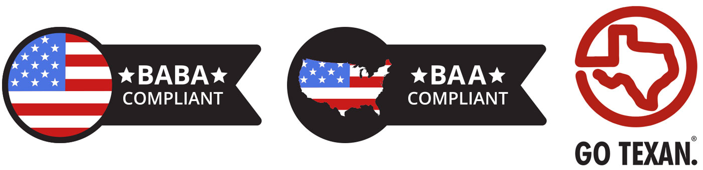 BABA Compliant, BAA Compliant, and Go Texan icons